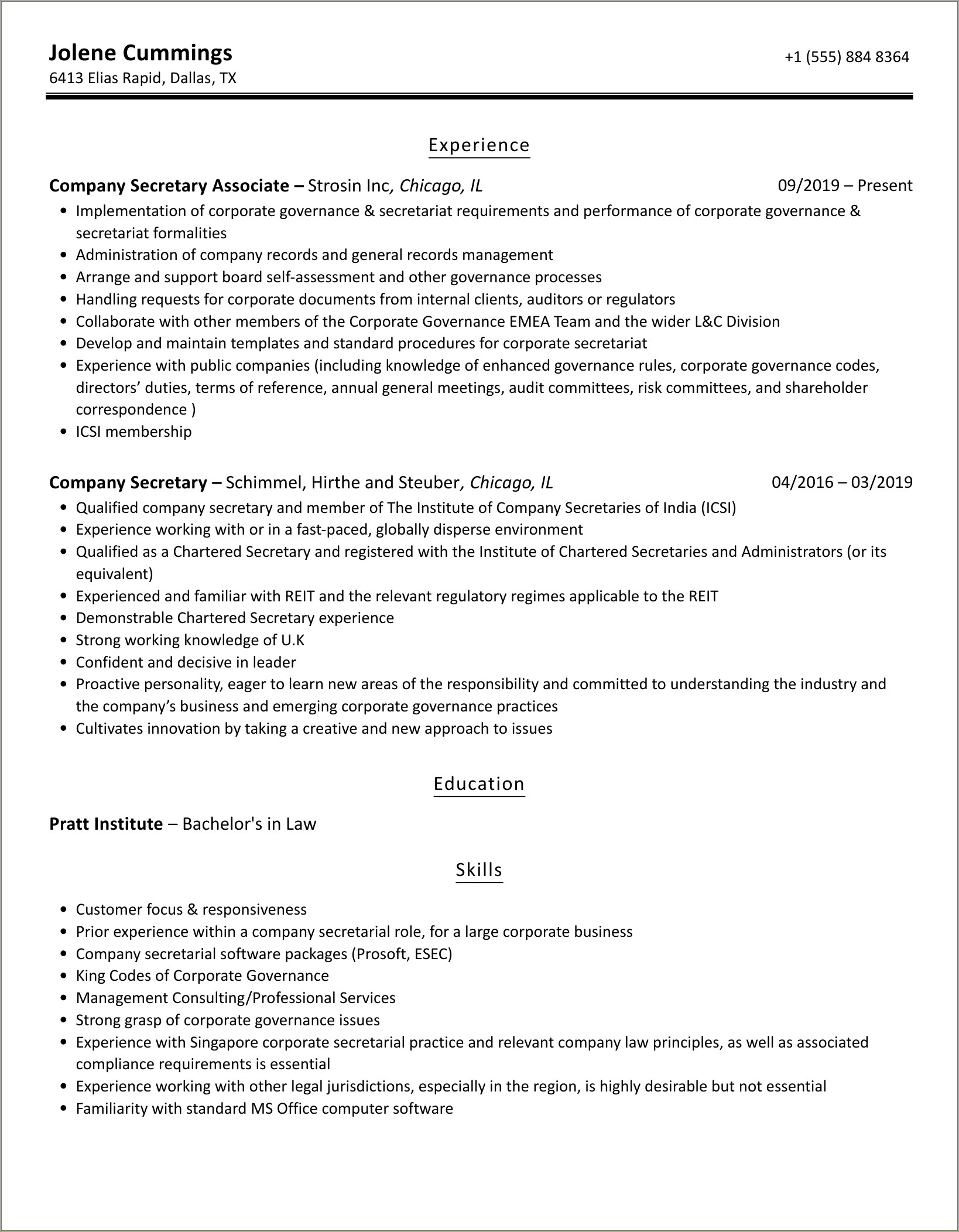 Sample Resume For Secretary In Corporate Business