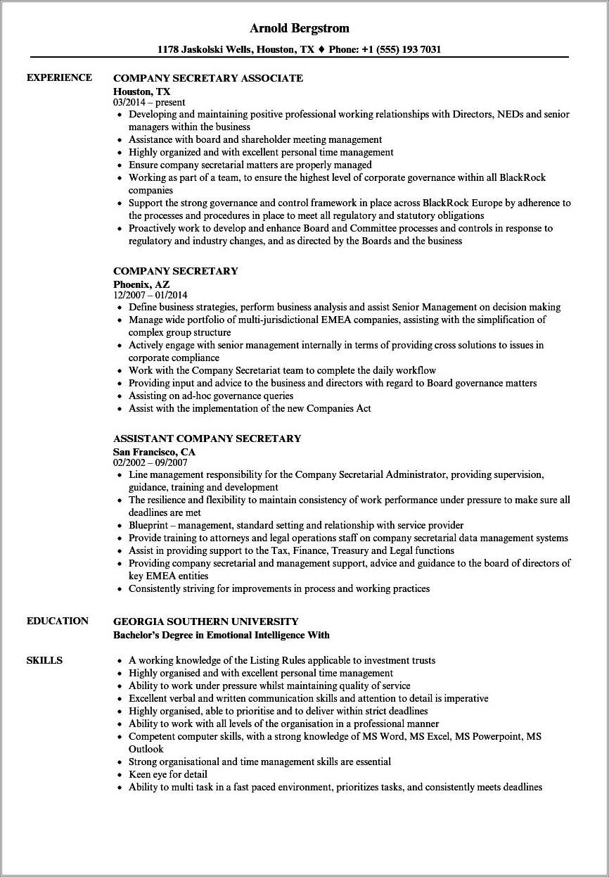 Sample Resume For Secretary Of The Company