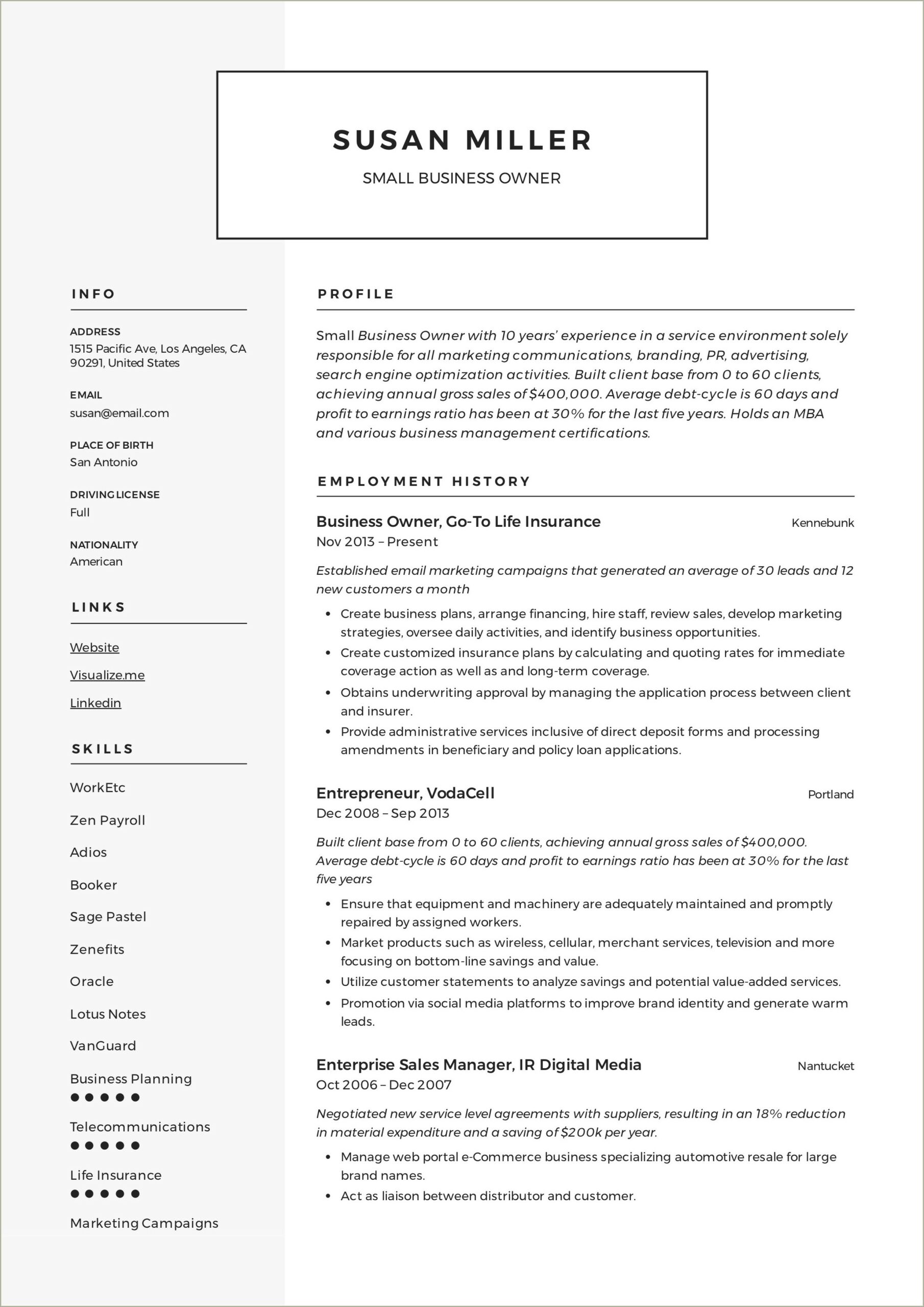Sample Resume For Self Employed Business Owner