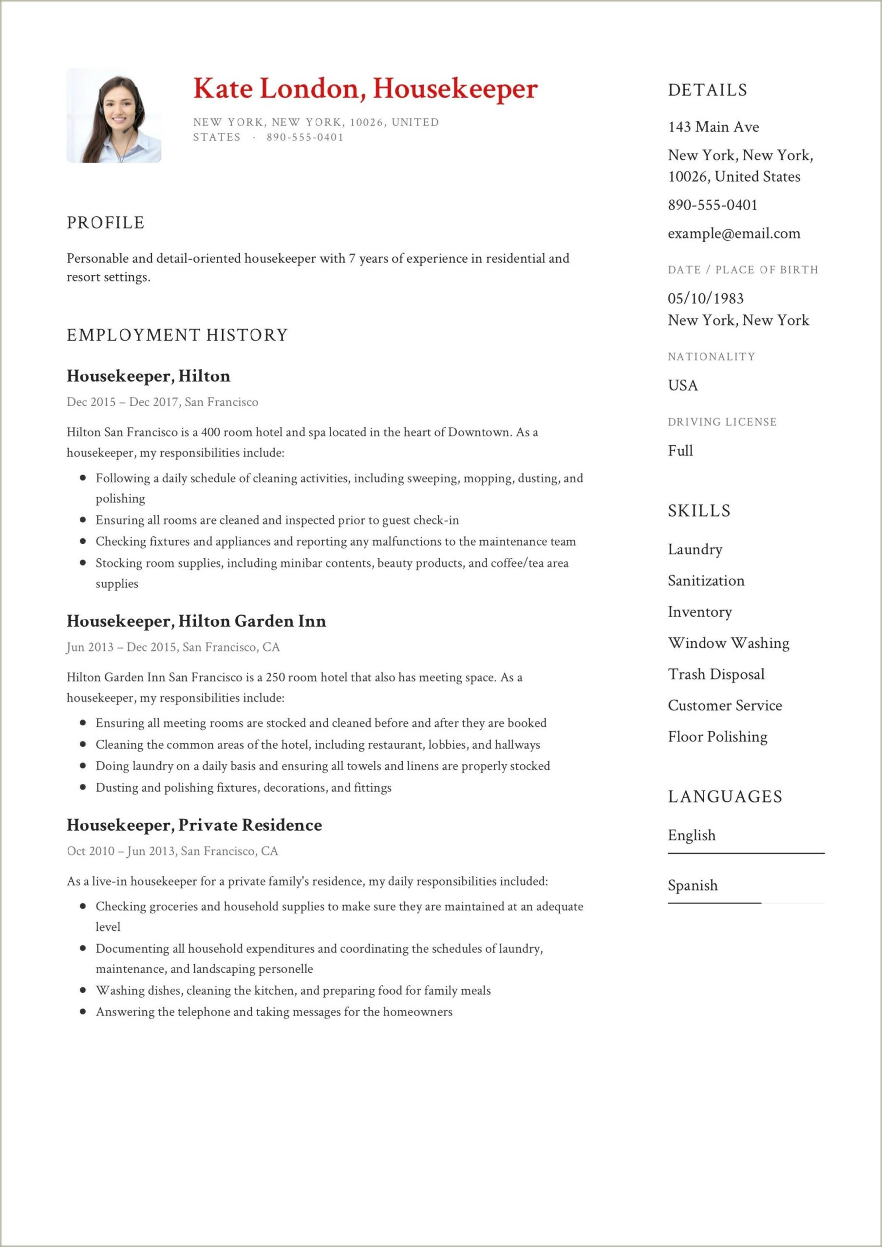 Sample Resume For Self Employed Housekeeper