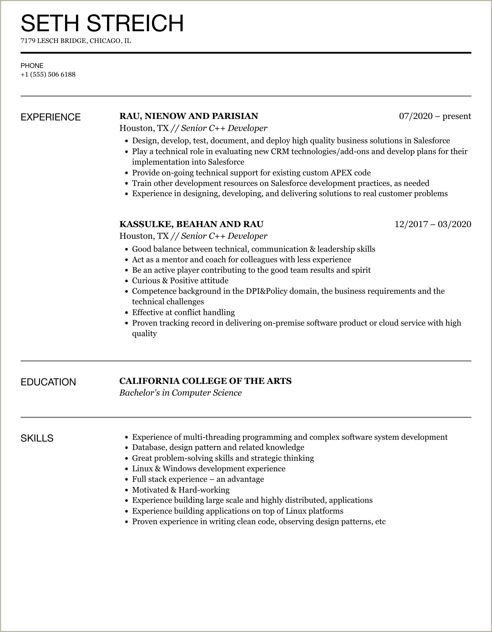 Sample Resume For Senior C Developer