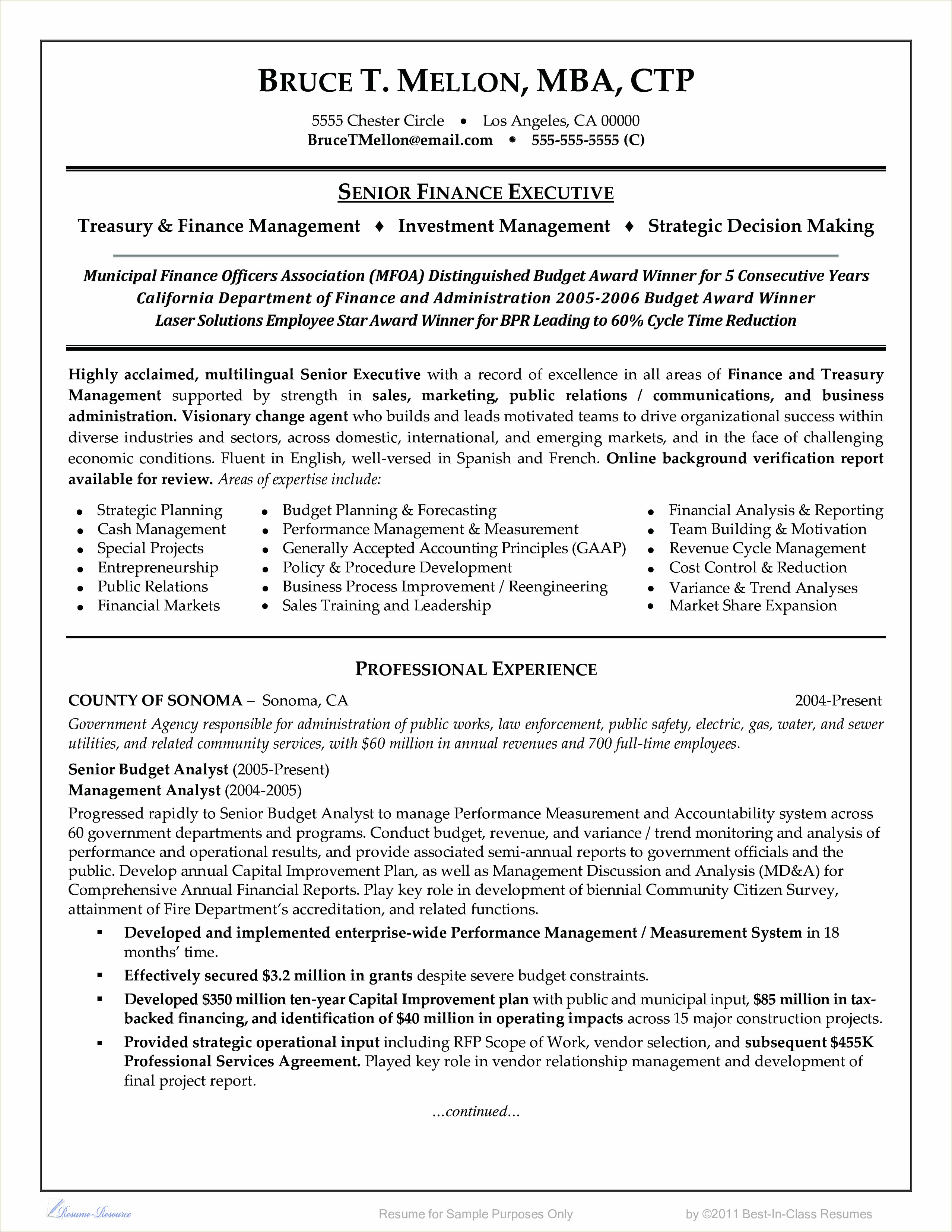 Sample Resume For Senior Finance Executive