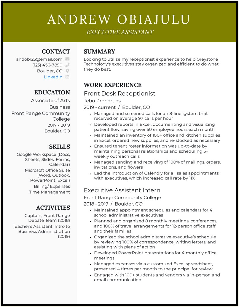 Sample Resume For Senior Level Executive Assistant