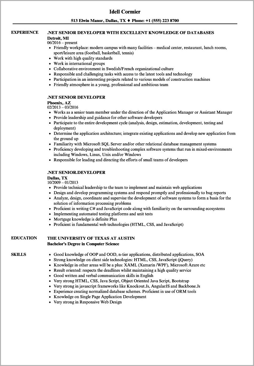 Sample Resume For Senior Natural Developer