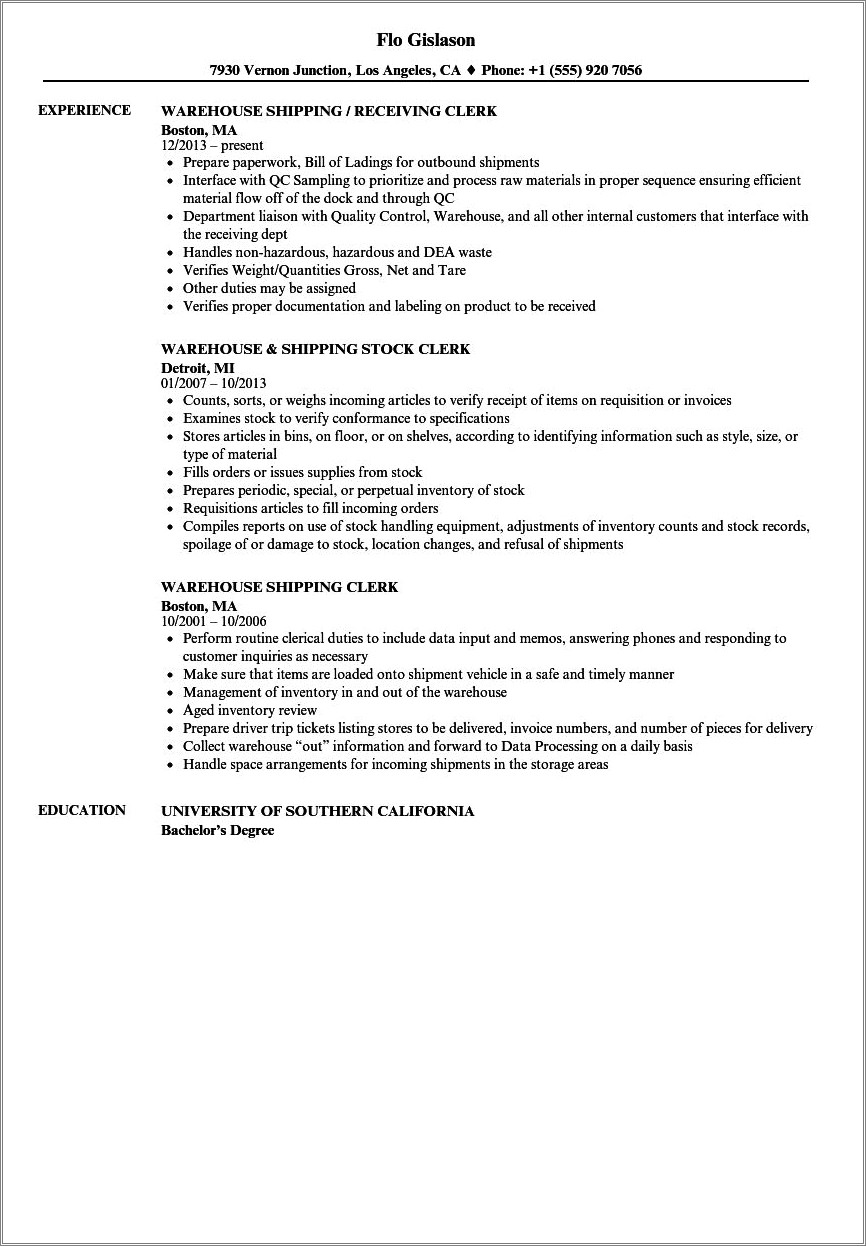 Sample Resume For Shipping And Receiving Worker