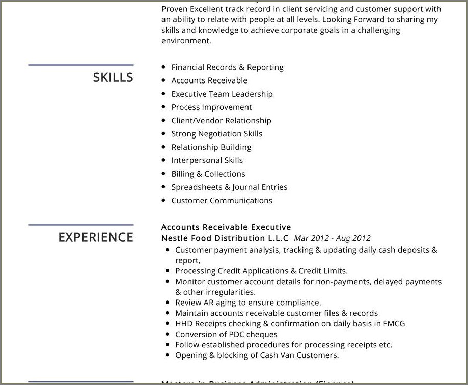 Sample Resume For Skillsfor Receivable Accountant