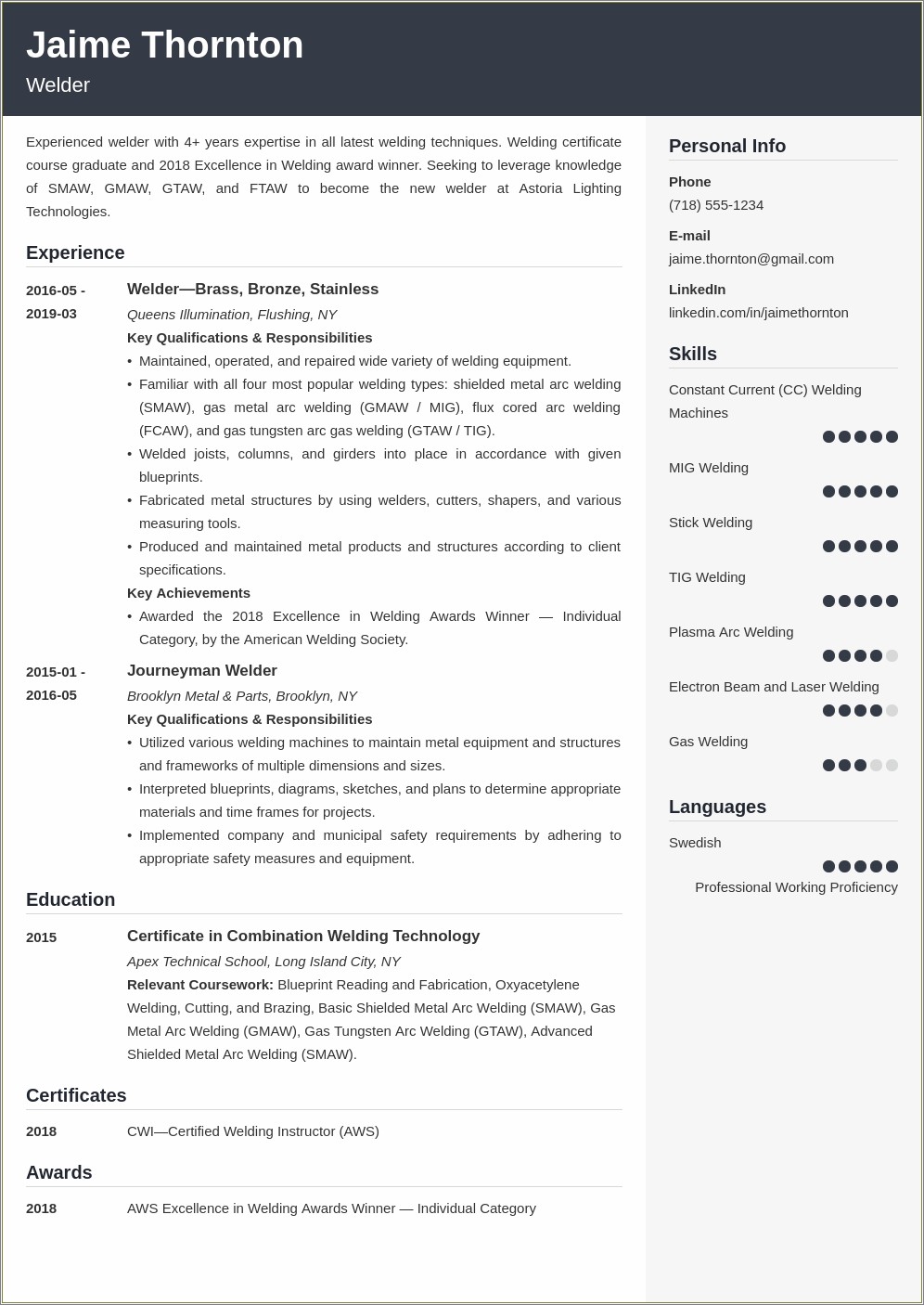 Sample Resume For Smaw Welder Position