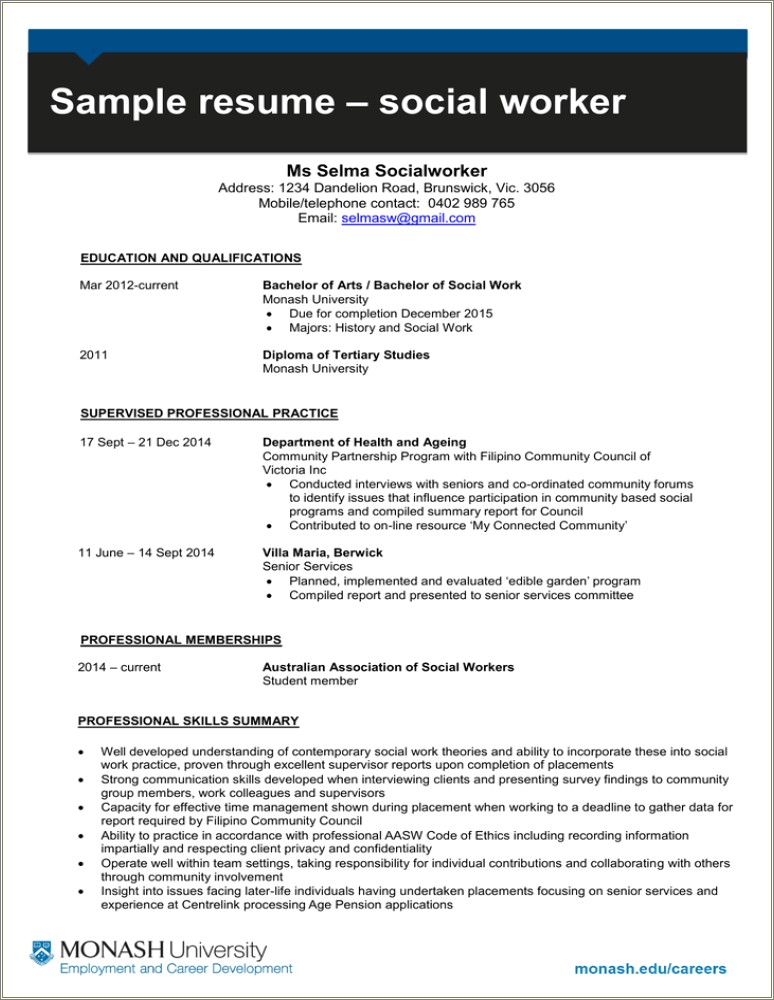 Sample Resume For Social Work Student