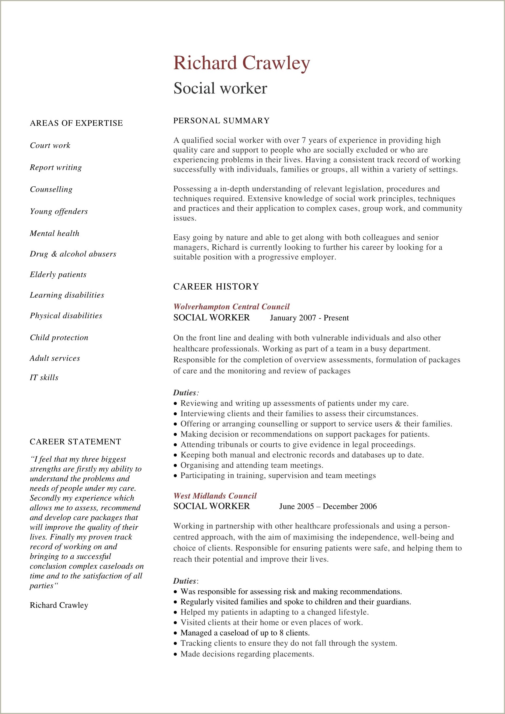 Sample Resume For Social Worker India