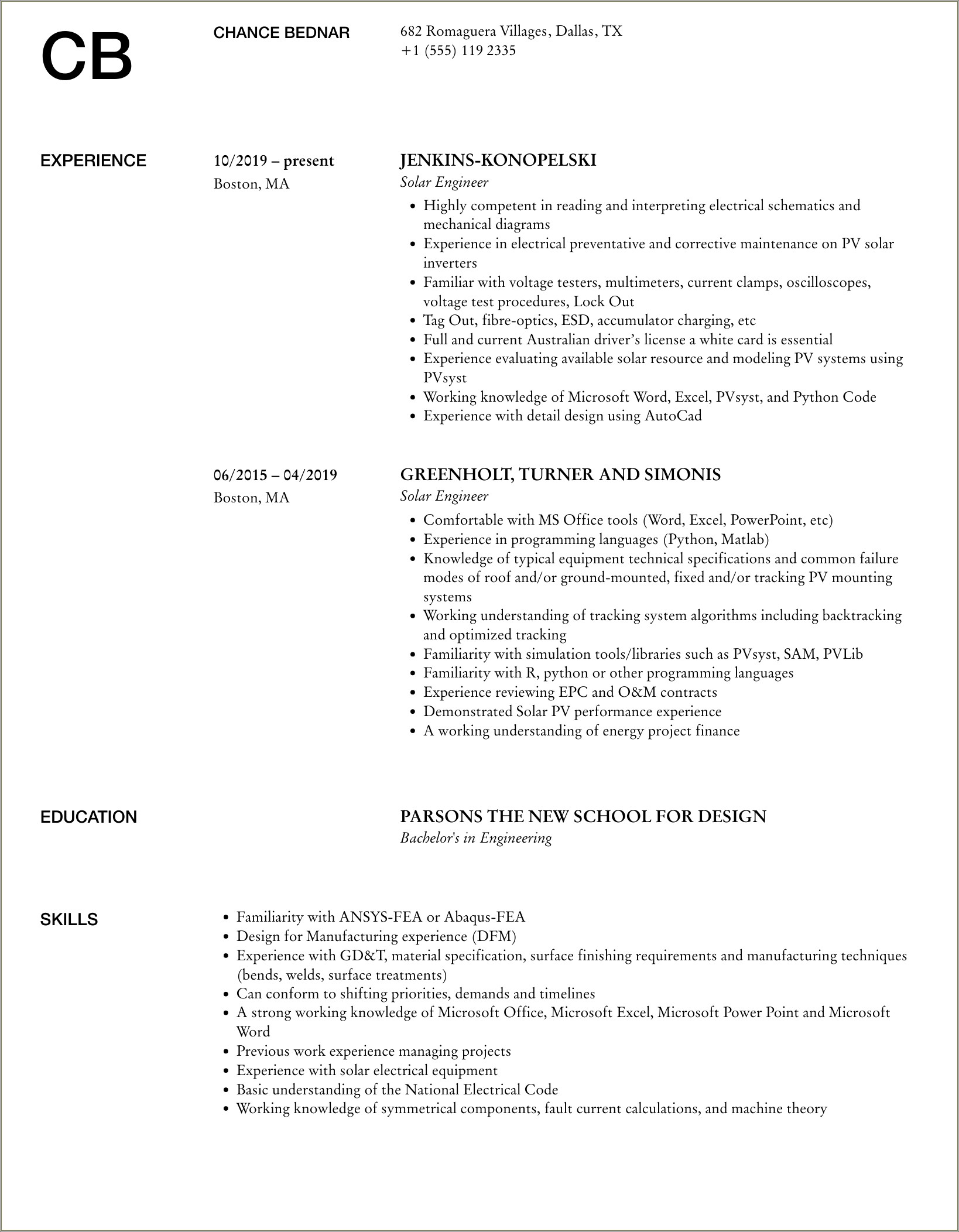 Sample Resume For Solar Engineer Pdf