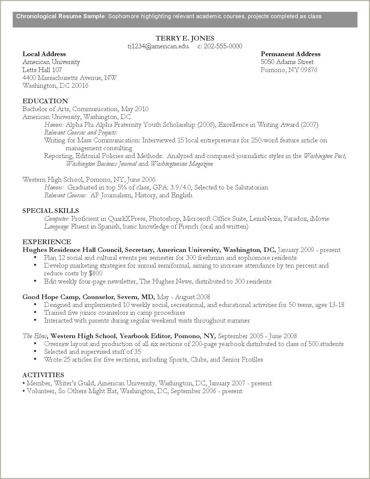 Sample Resume For Sophomore In High School