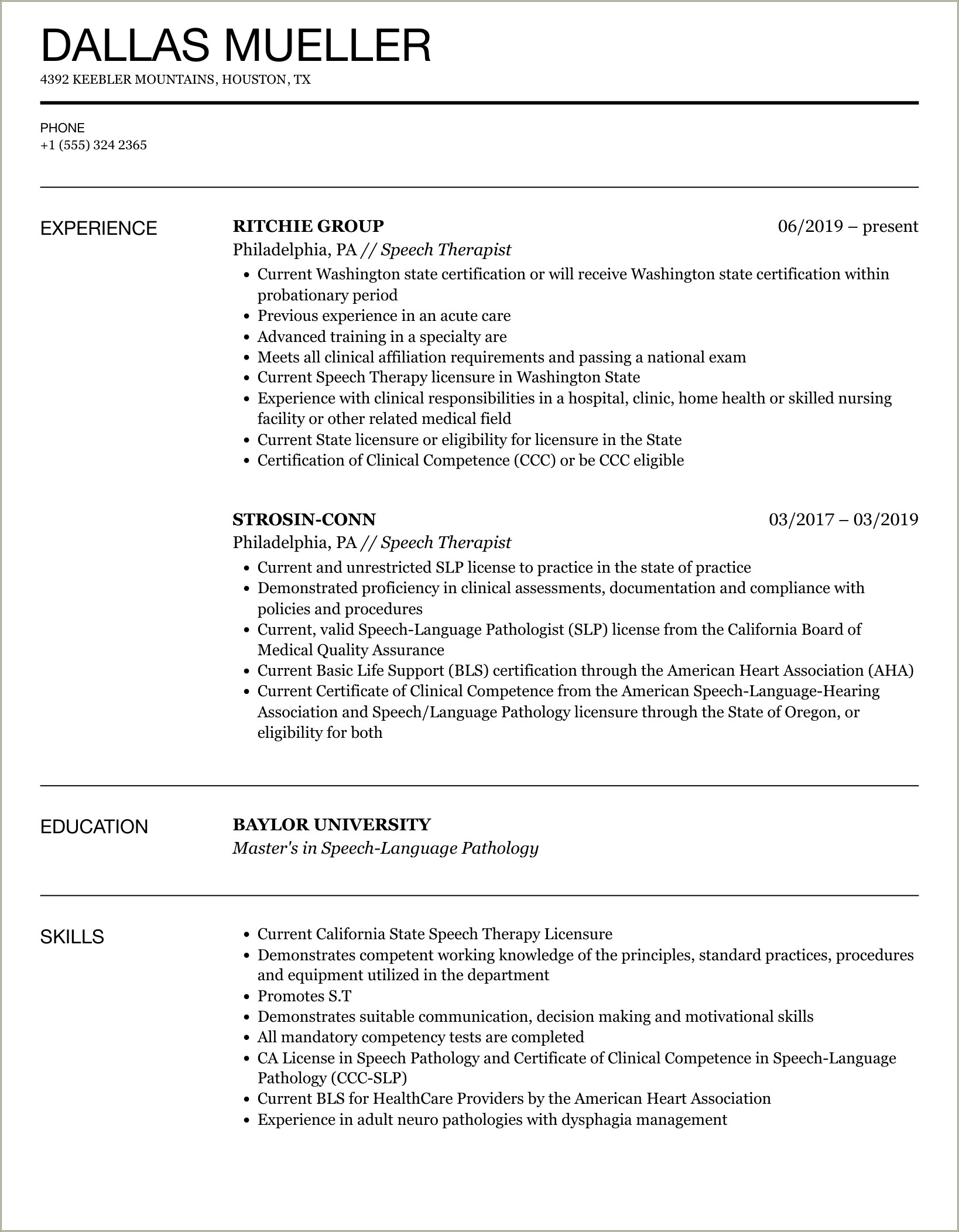 Sample Resume For Speech Pathology Grad School