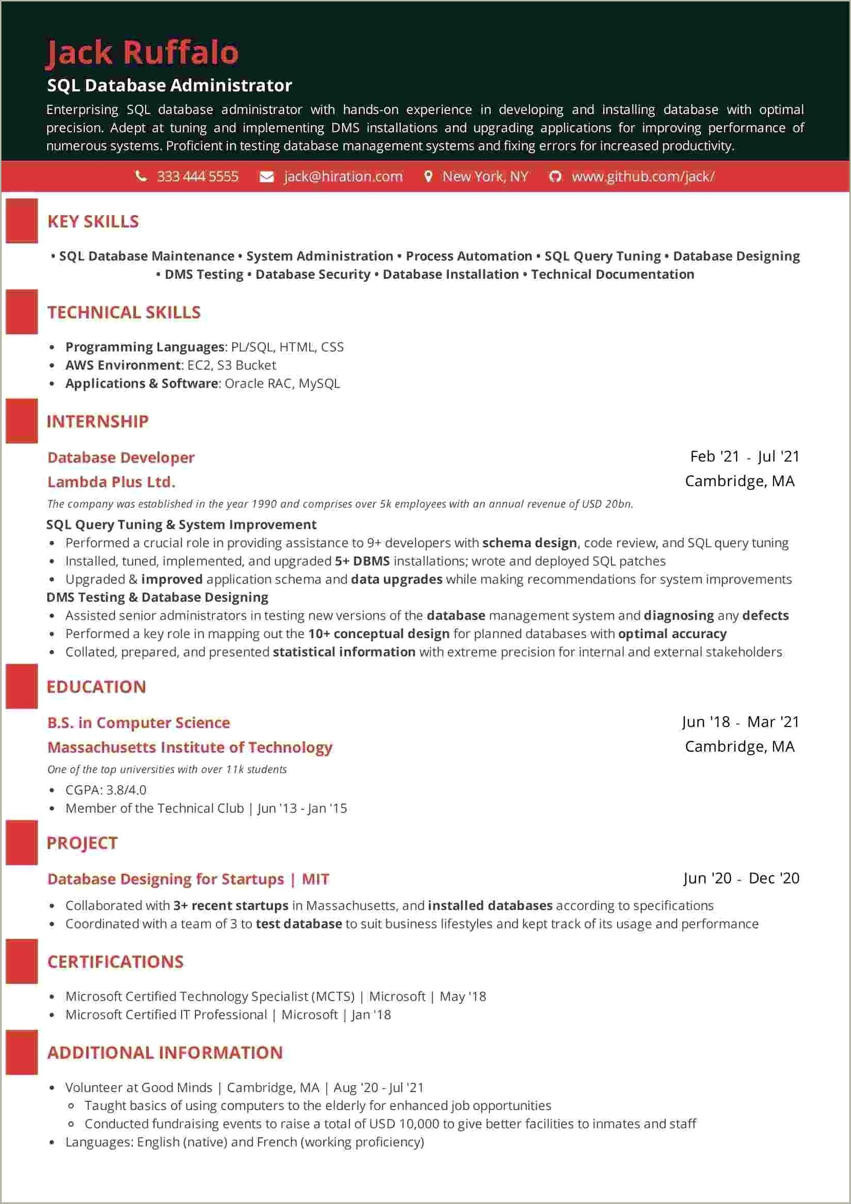 Sample Resume For Sql Database Administrator