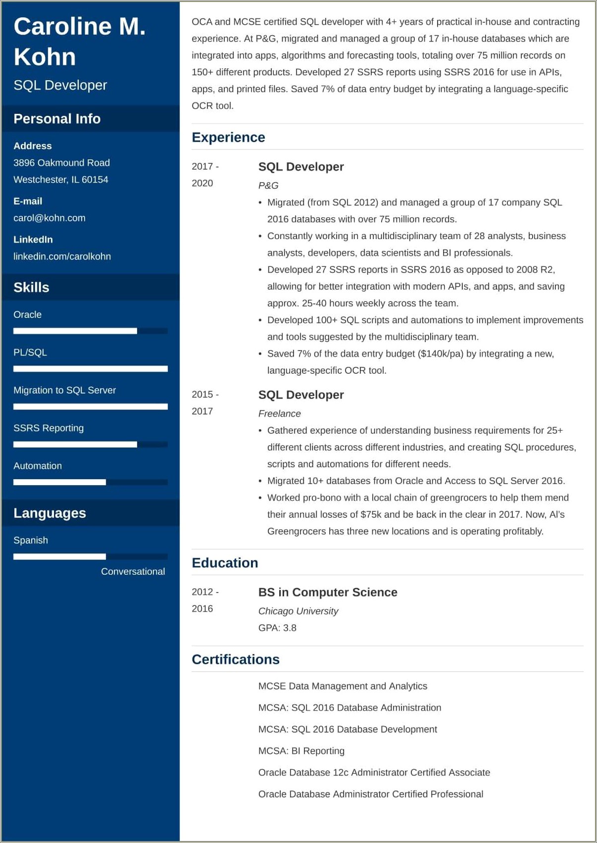 Sample Resume For Sql Server Job