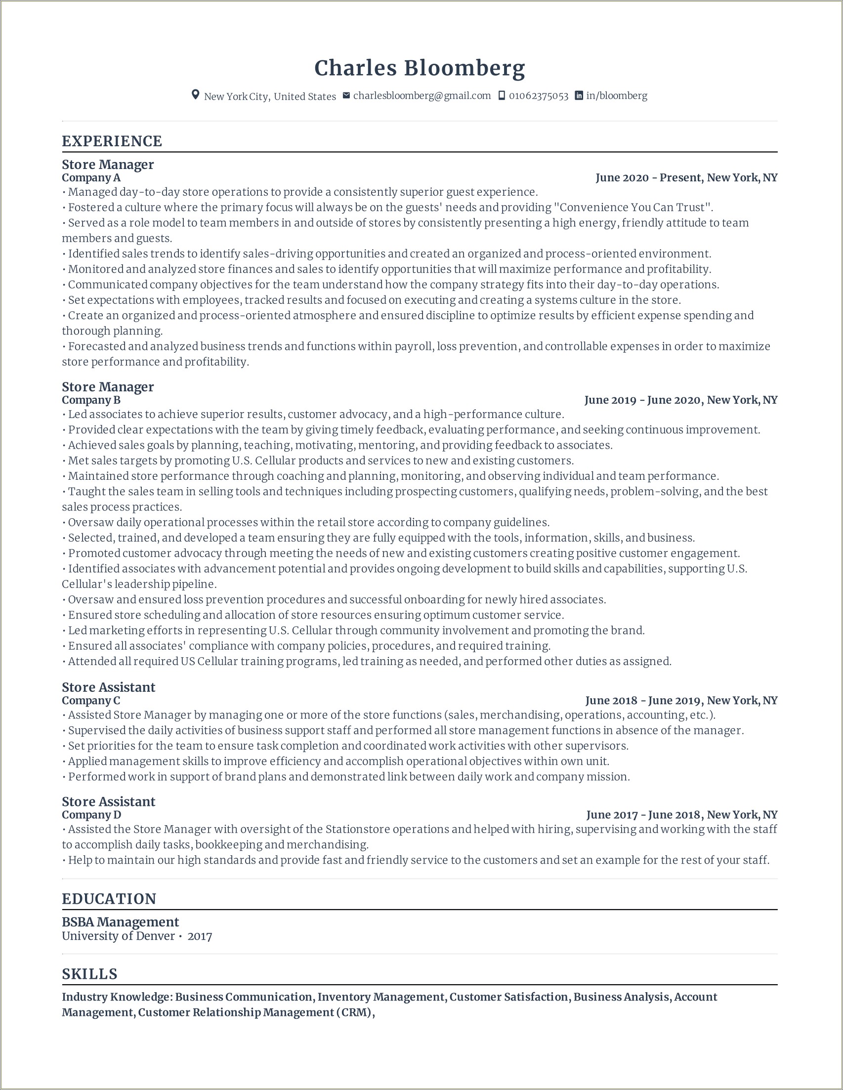 Sample Resume For Store Manager To Business Administration