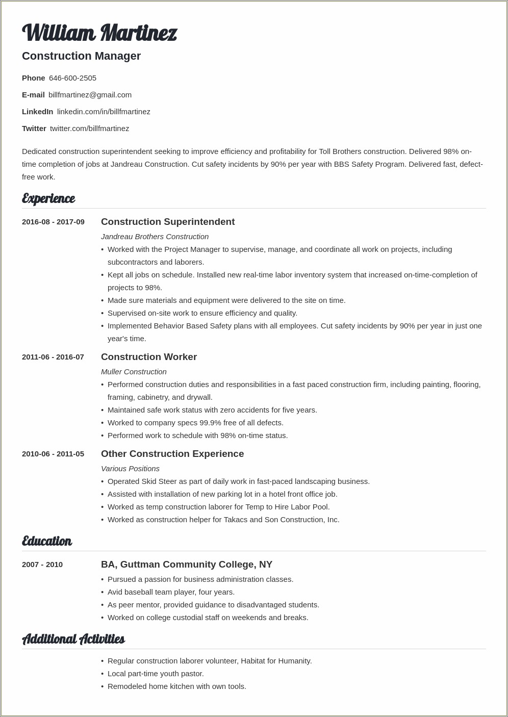 Sample Resume For Storekeeper In Construction