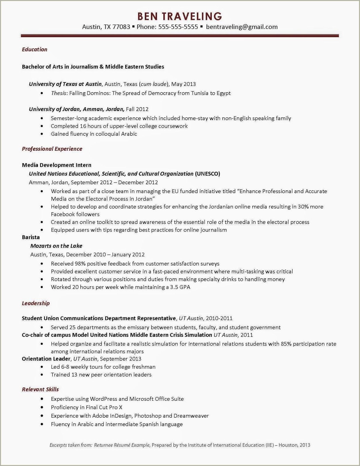 Sample Resume For Study Abroad Application