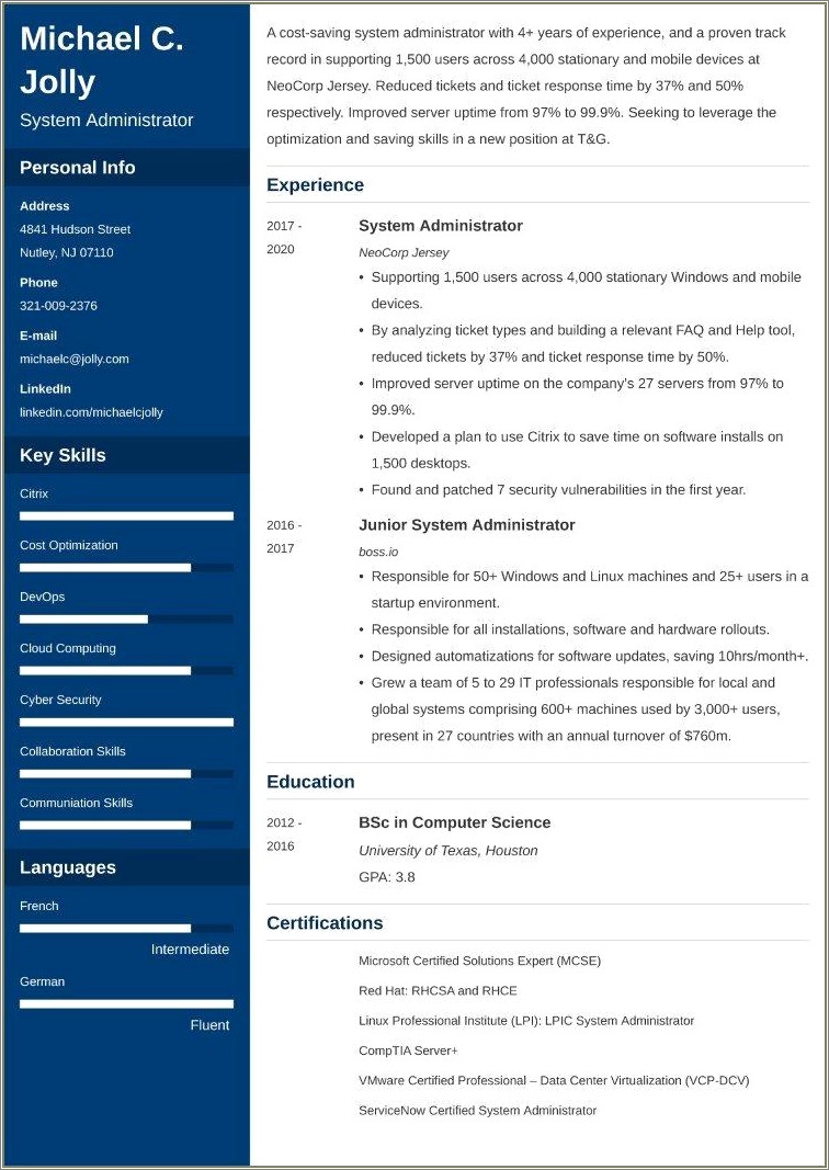 Sample Resume For System Administrator Pdf