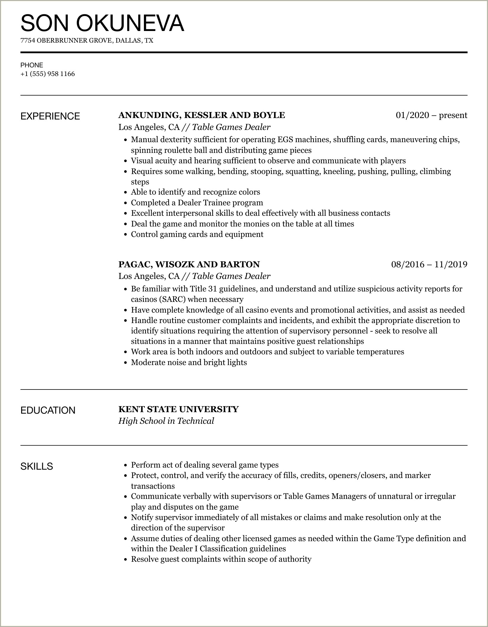 Sample Resume For Table Games Supervisor