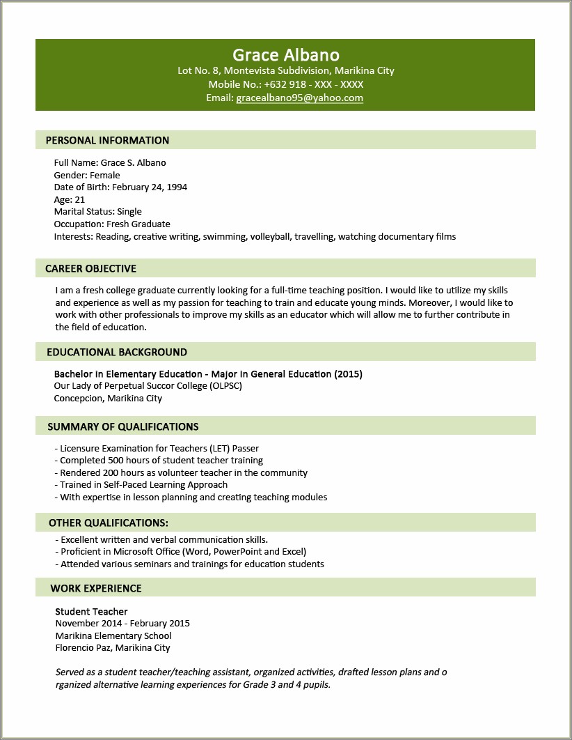 Sample Resume For Teachers Pdf Philippines