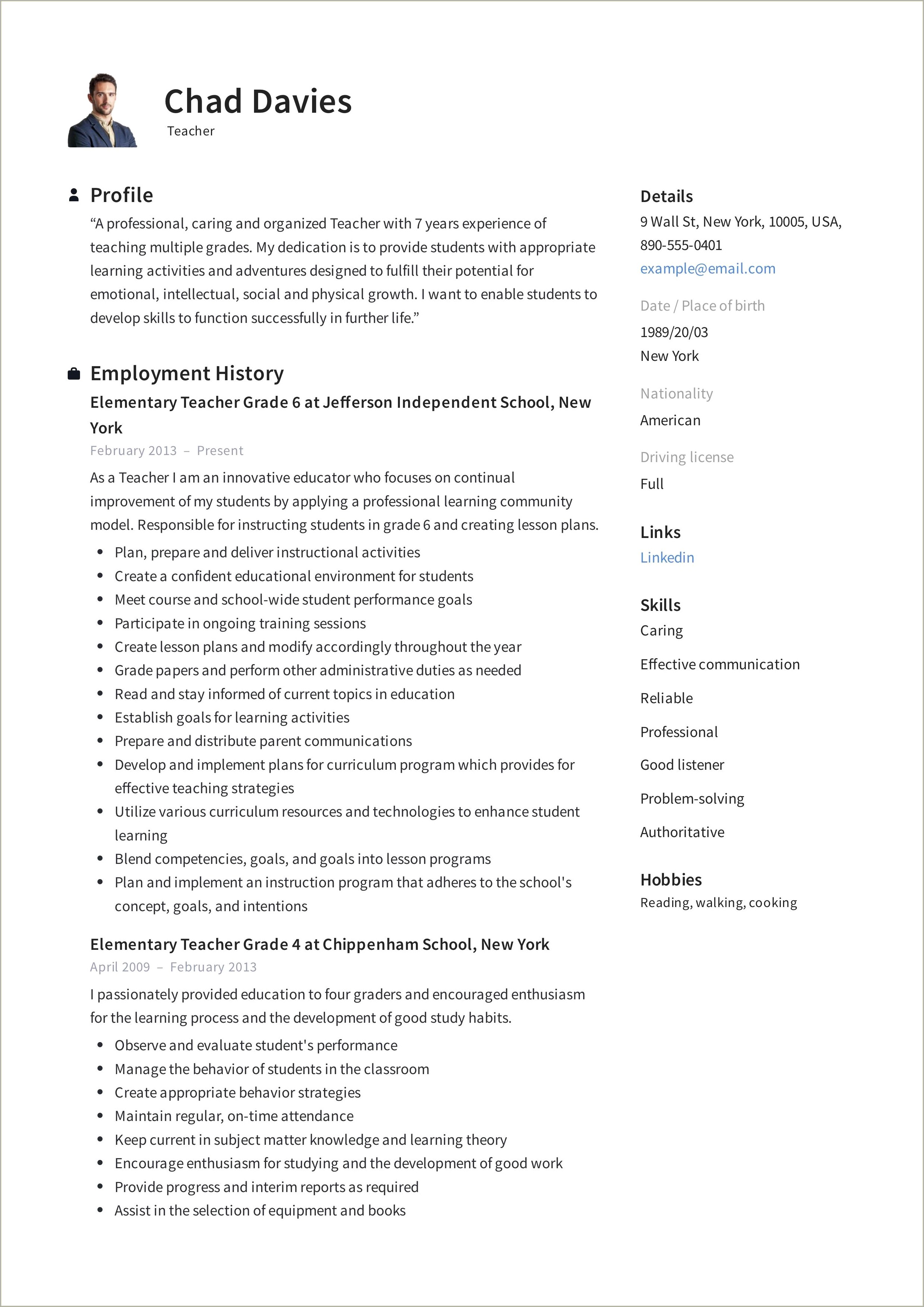 Sample Resume For Teachers With Experience