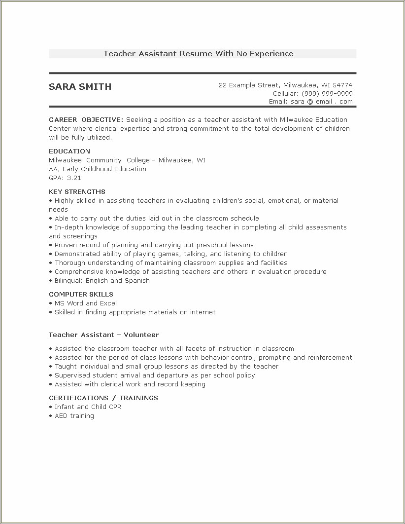 Sample Resume For Teachers Without Experience Doc