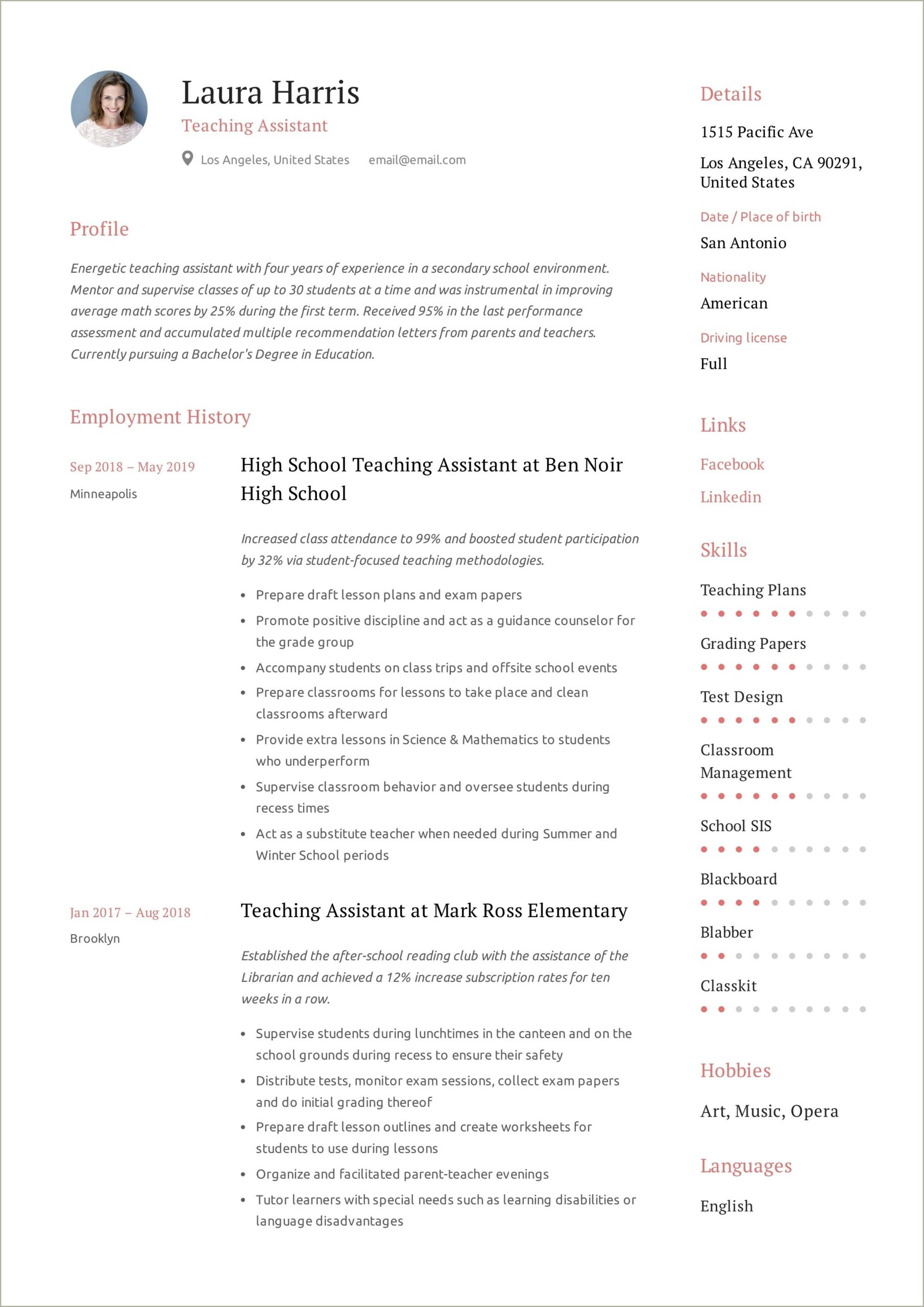 Sample Resume For Teaching Assistant Graduate
