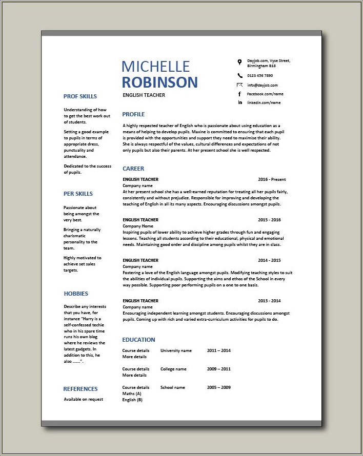 Sample Resume For Teaching English At A Cllege