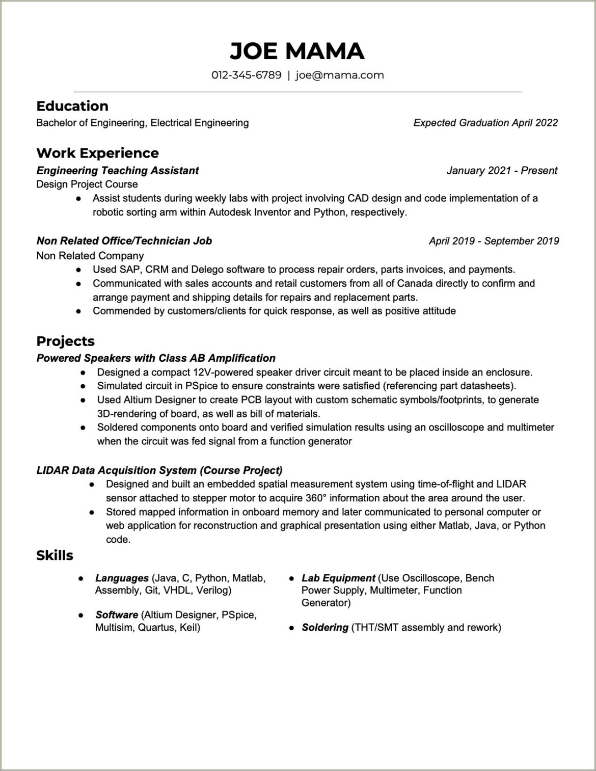 Sample Resume For Test Engineer Lab Assembler