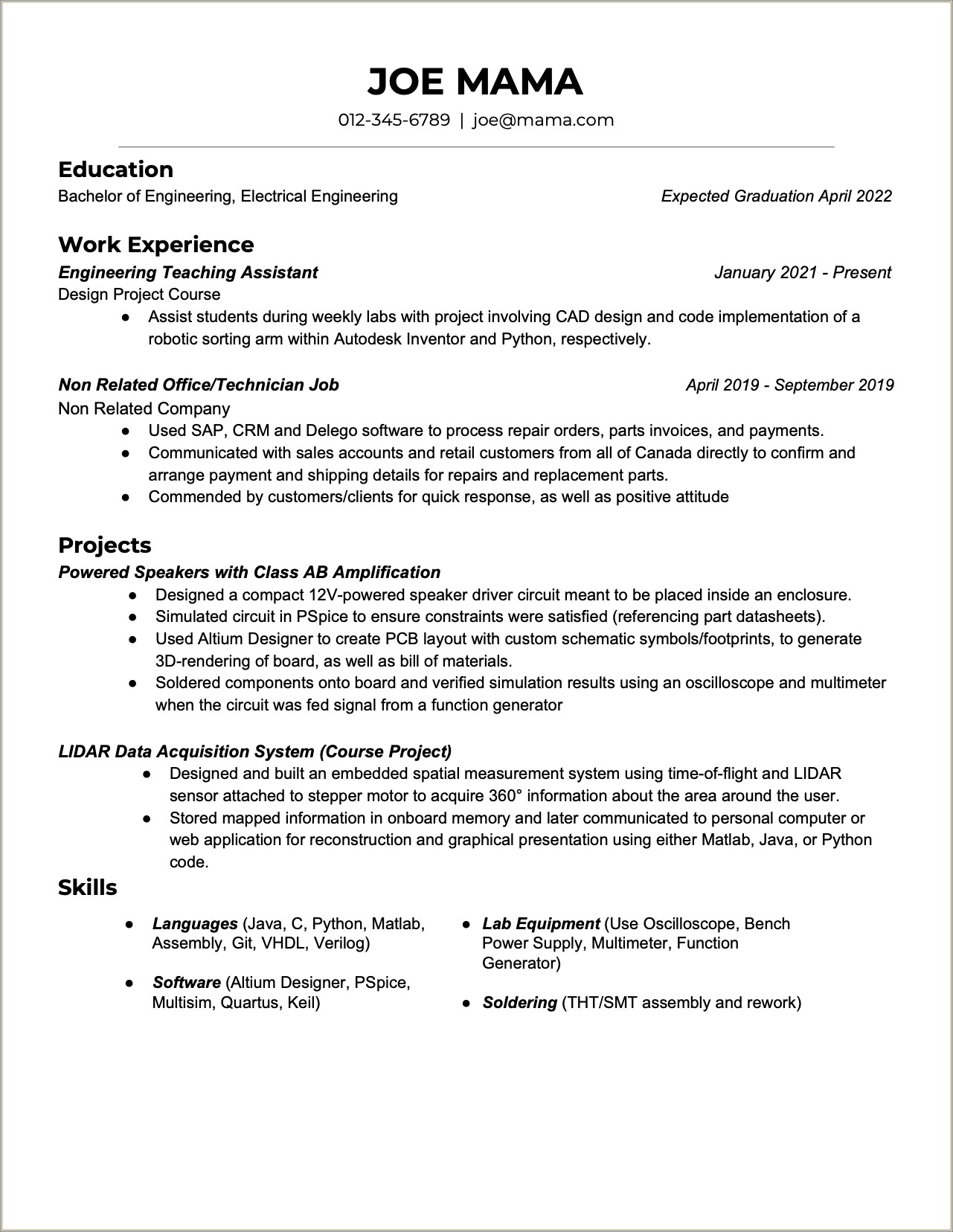 Sample Resume For Test Engineer Lab Assembler