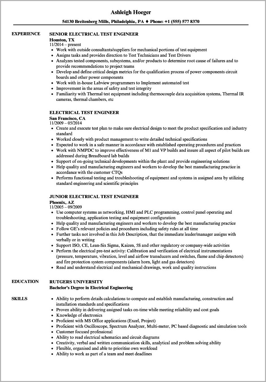 Sample Resume For Test Engineer With Experience