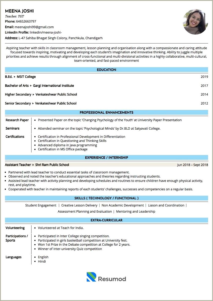 Sample Resume For The Post Of Primary Teacher