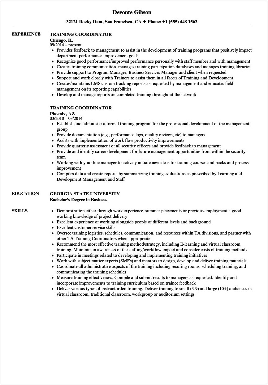 Sample Resume For Training And Development Coordinator