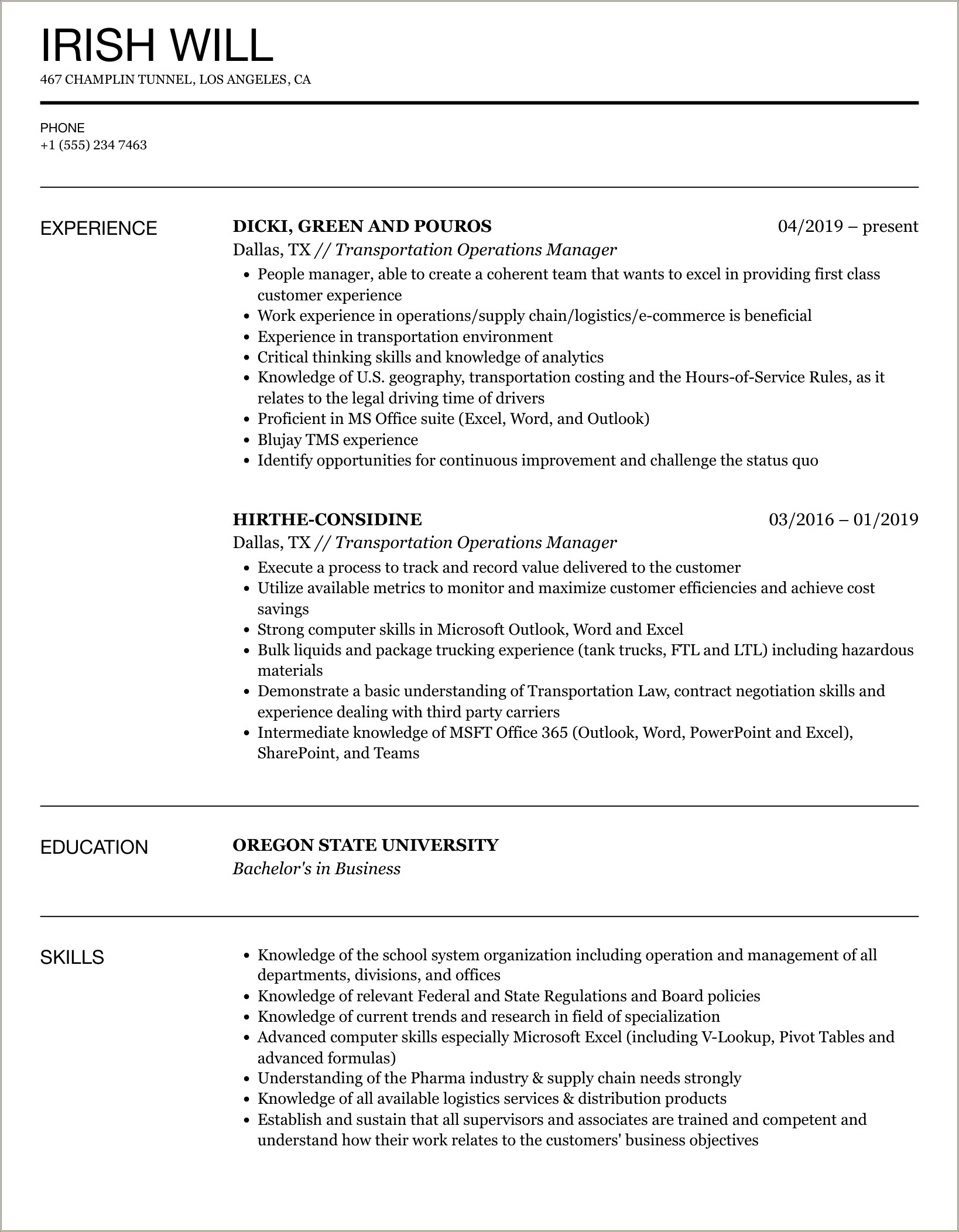 Sample Resume For Trucking Operations Manager