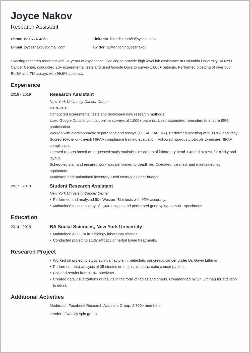 Sample Resume For Undergraduate Research Assistant