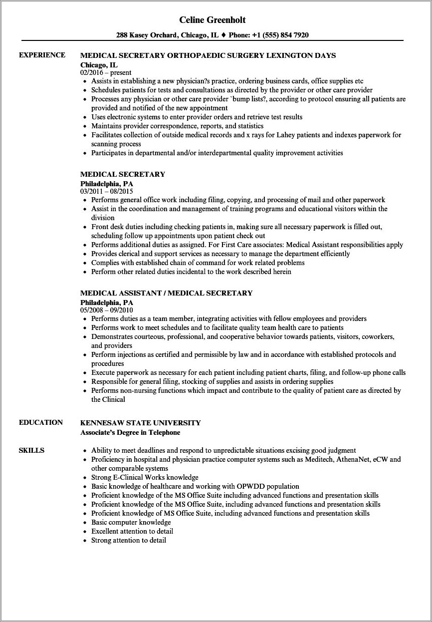 Sample Resume For Unit Secretary In A Hospital