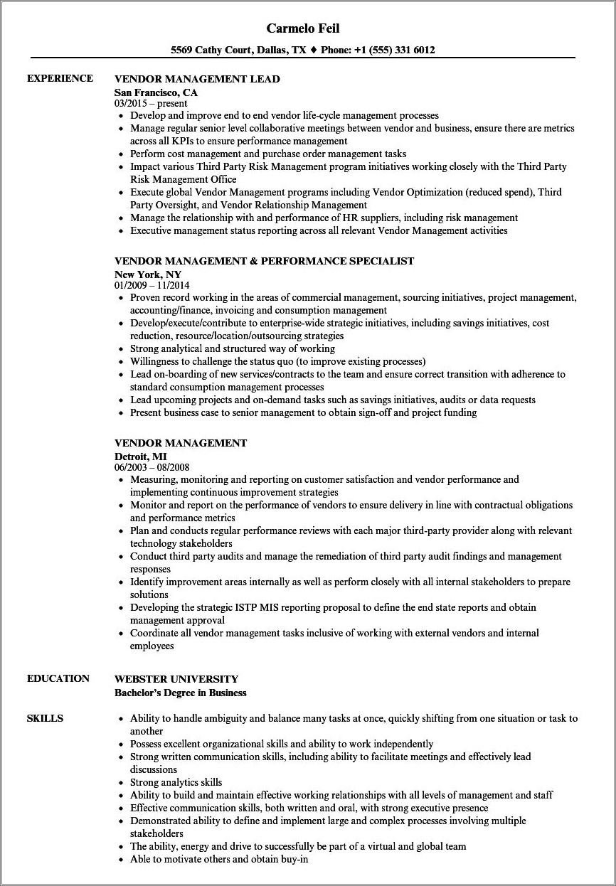 Sample Resume For Vendor Development Manager
