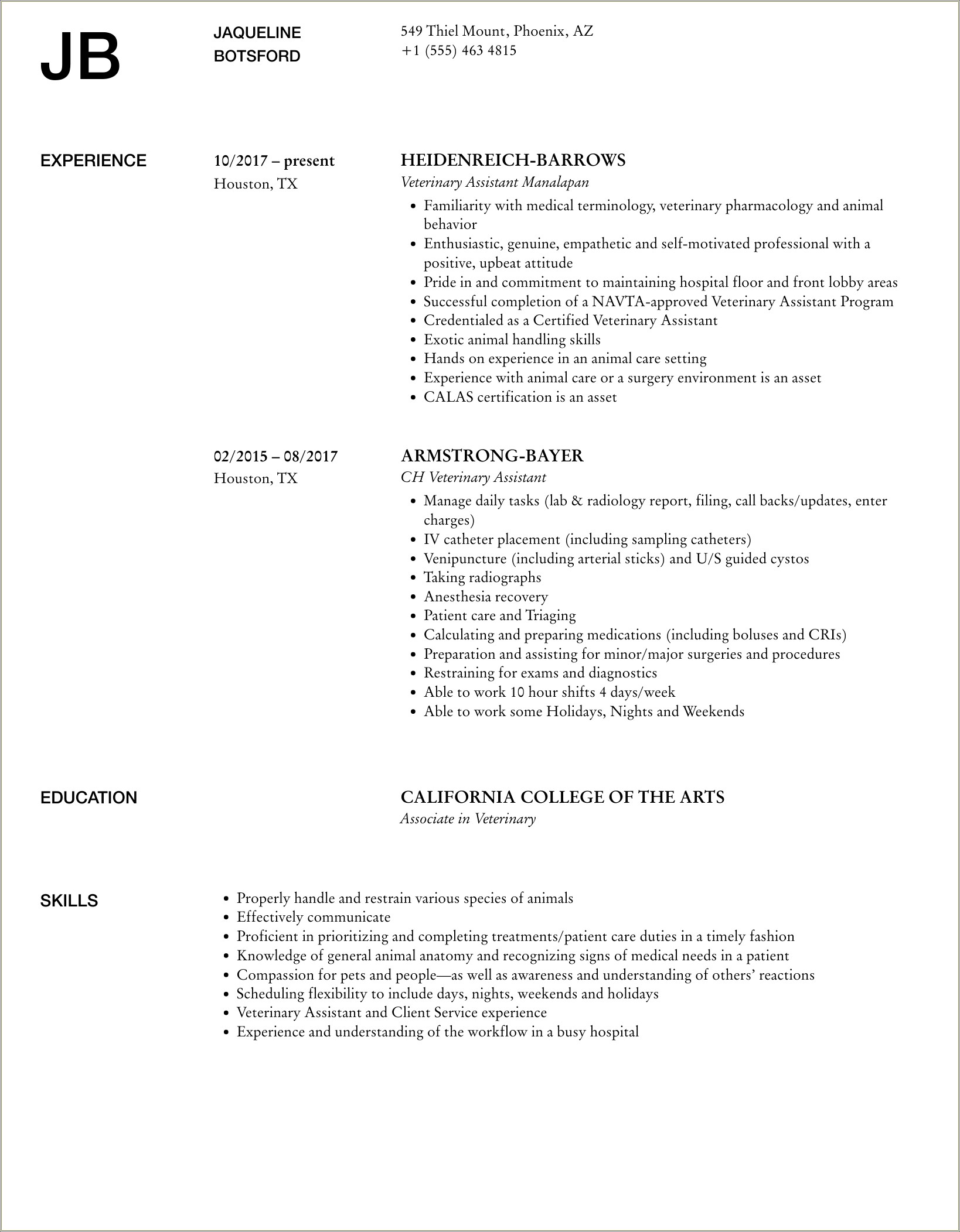 Sample Resume For Veterinary Assistant With No Experience