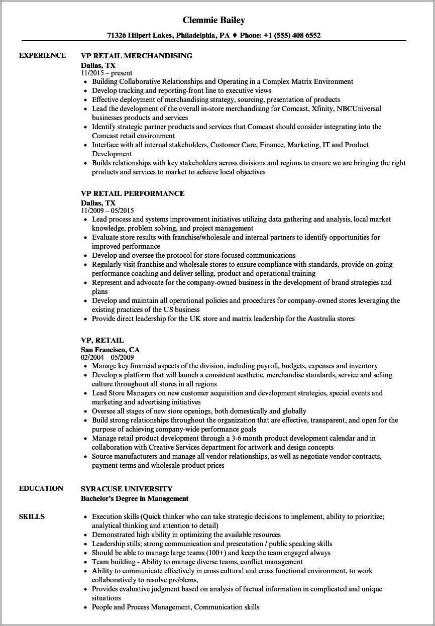 Sample Resume For Vice President In Retail