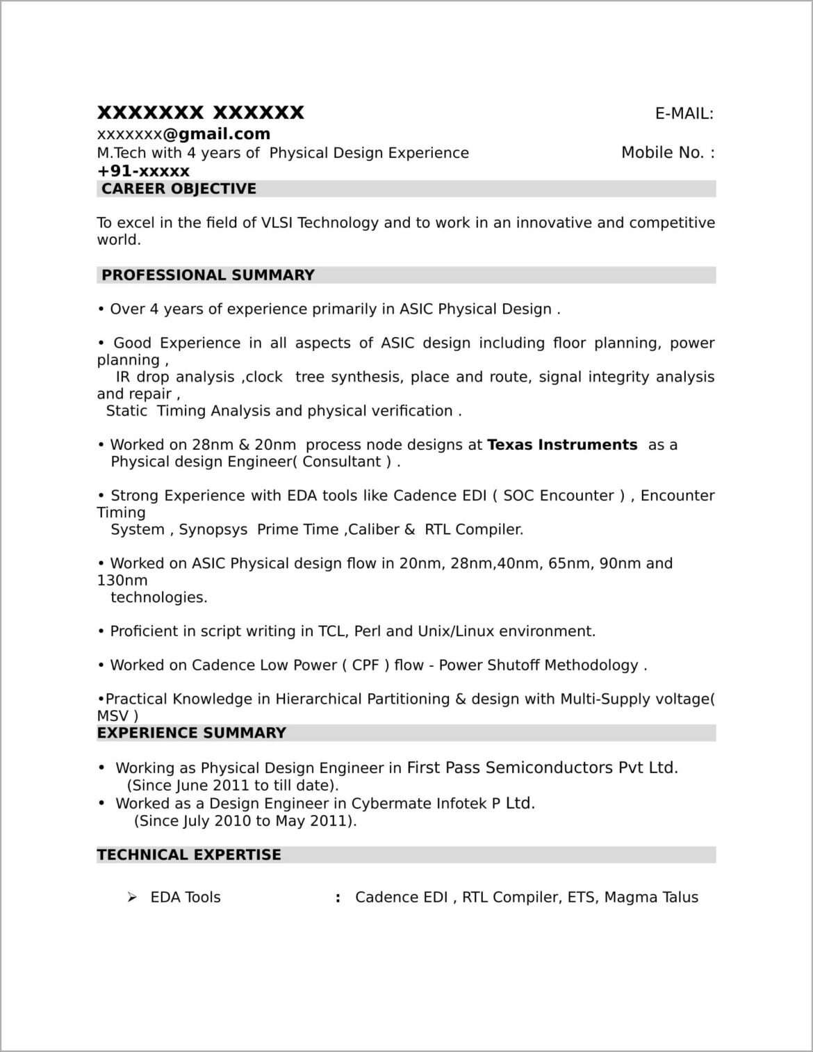 Sample Resume For Vlsi Verification Engineer Fresher
