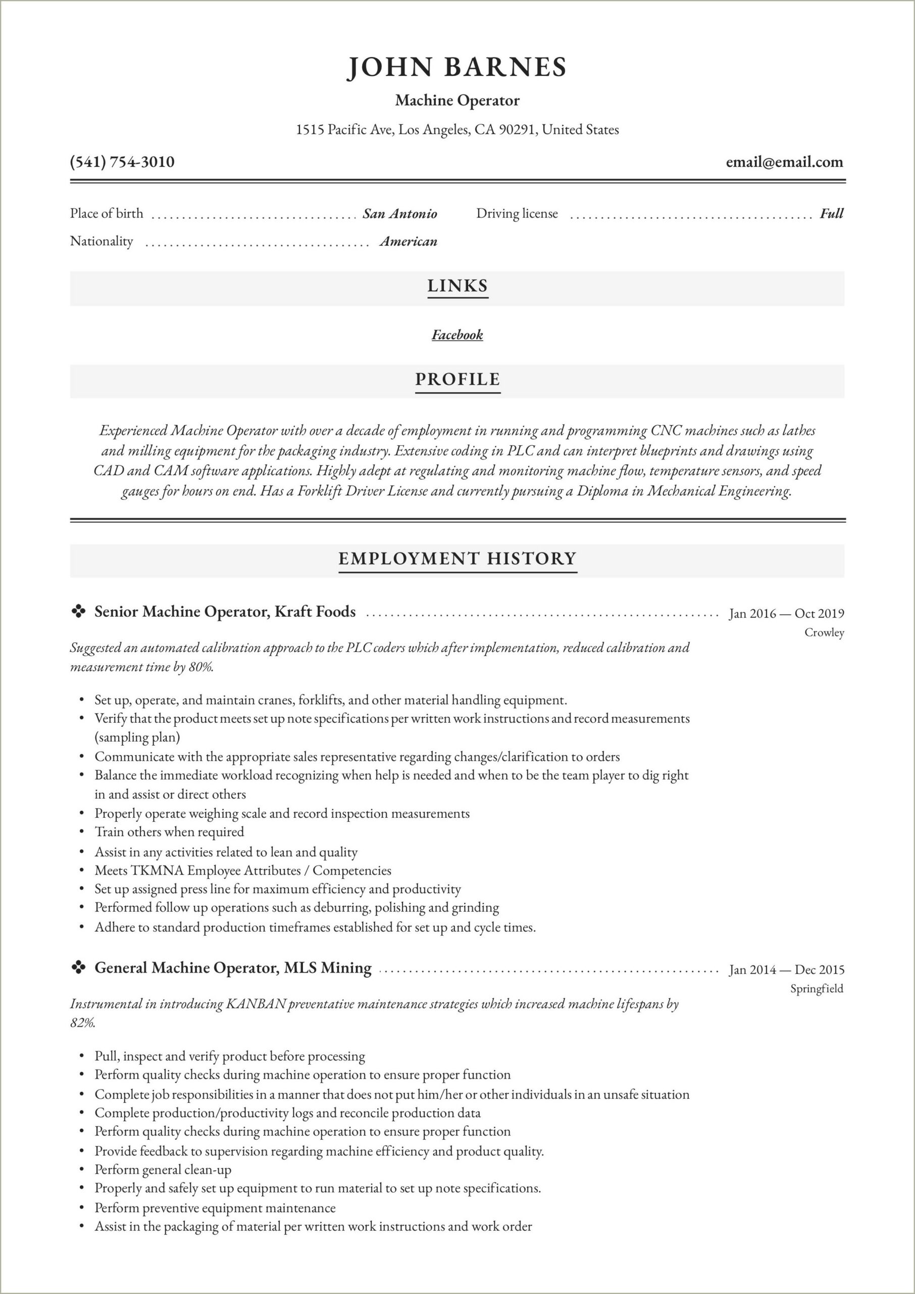 Sample Resume For Vmc Setter Responsibilities