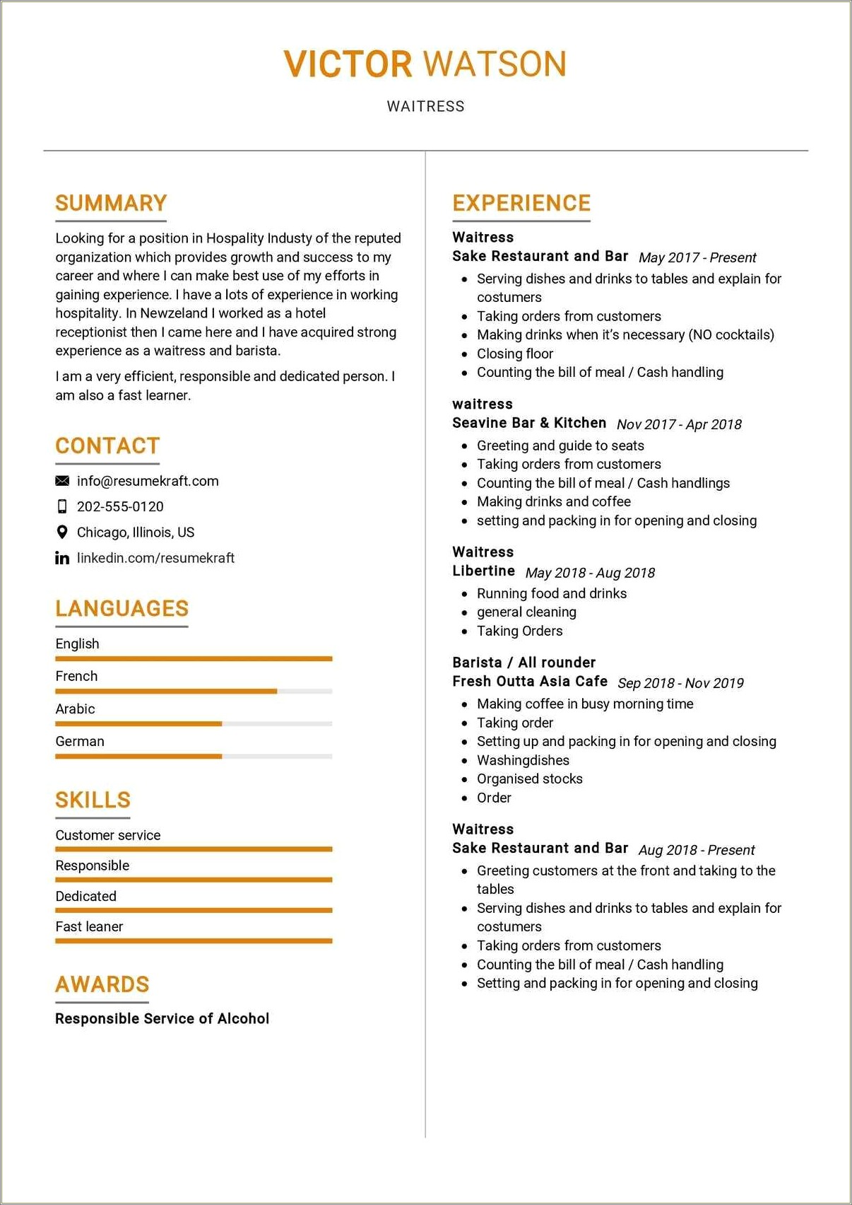 Sample Resume For Waitress Job With No Experience