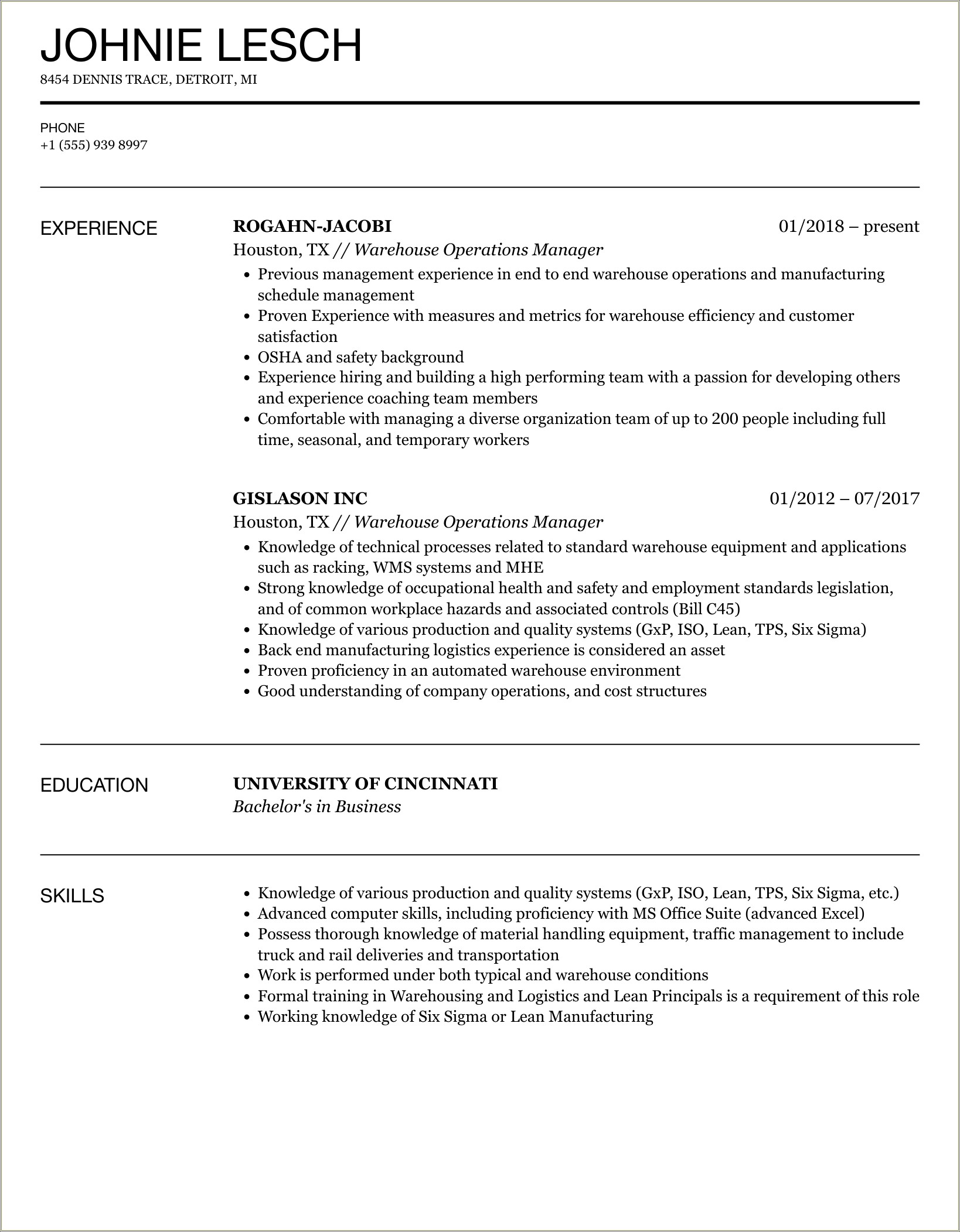 Sample Resume For Warehouse Operations Manager