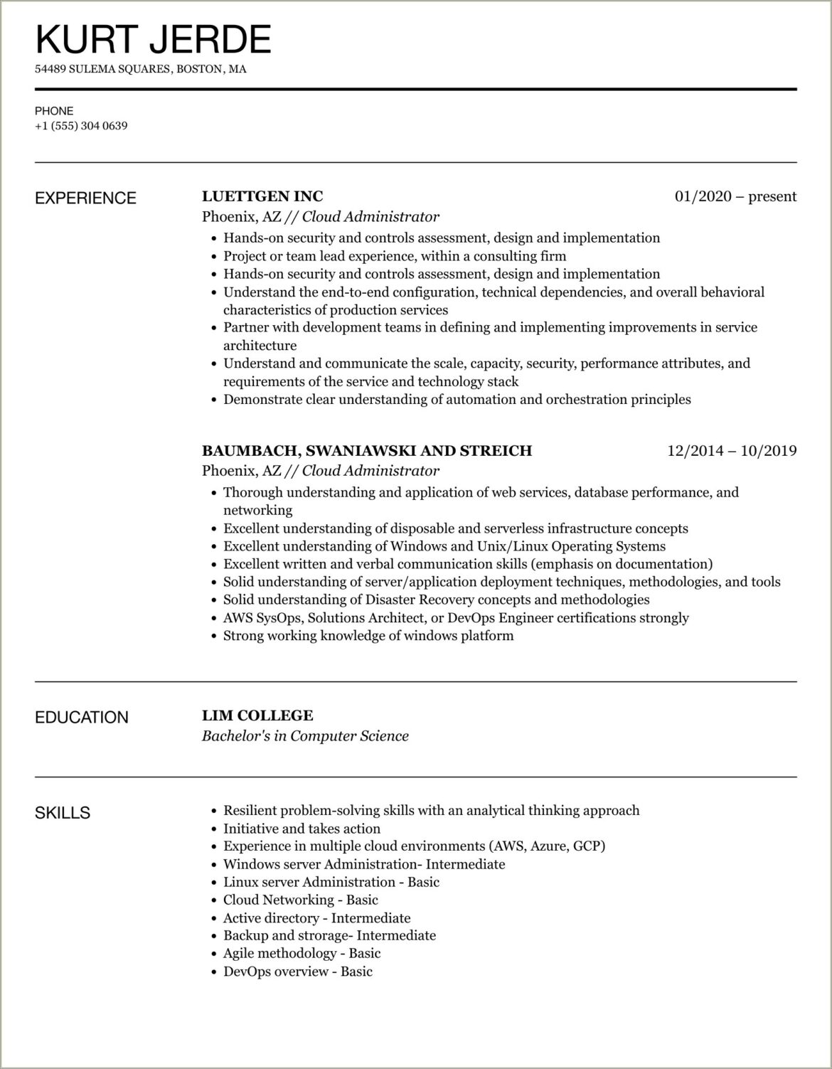 Sample Resume For Windows System Administrator Fresher