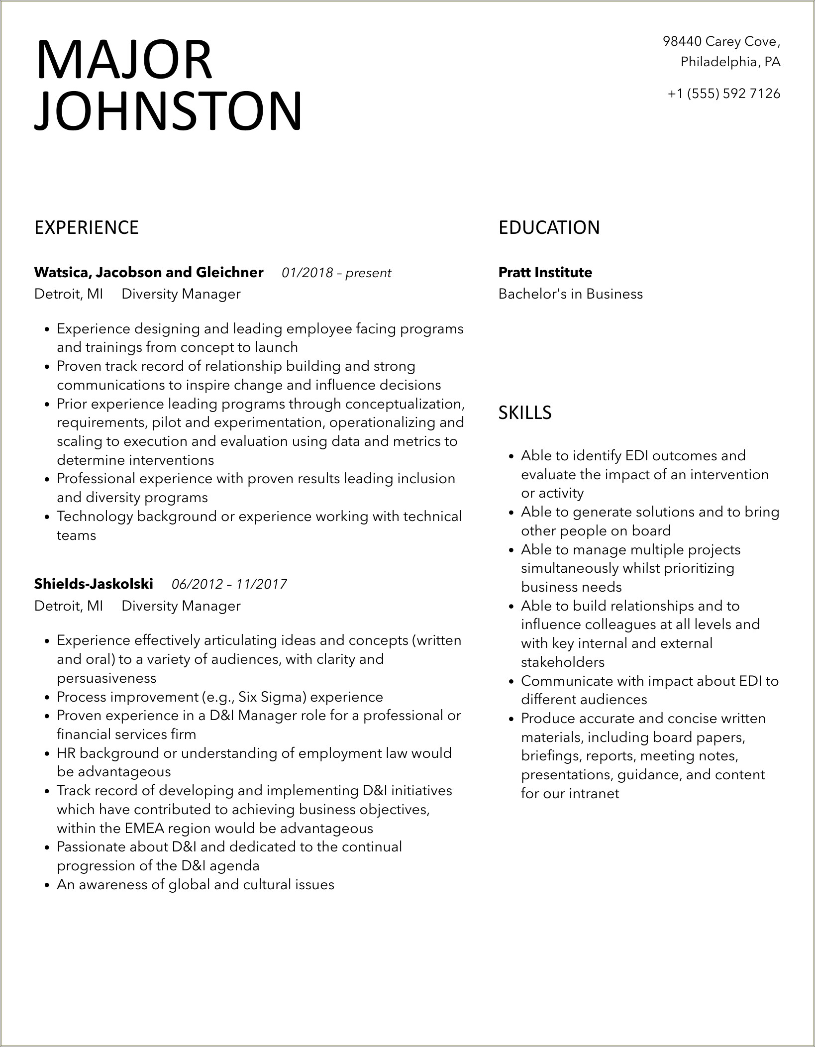 Sample Resume For Working In A Diversity Company