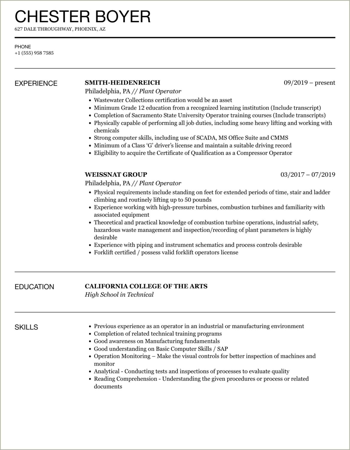 Sample Resume For Working In A Plant