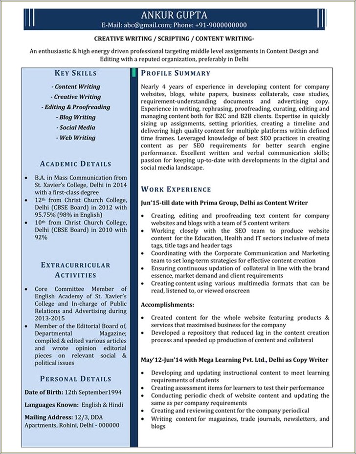 Sample Resume Format For Ca Articleship