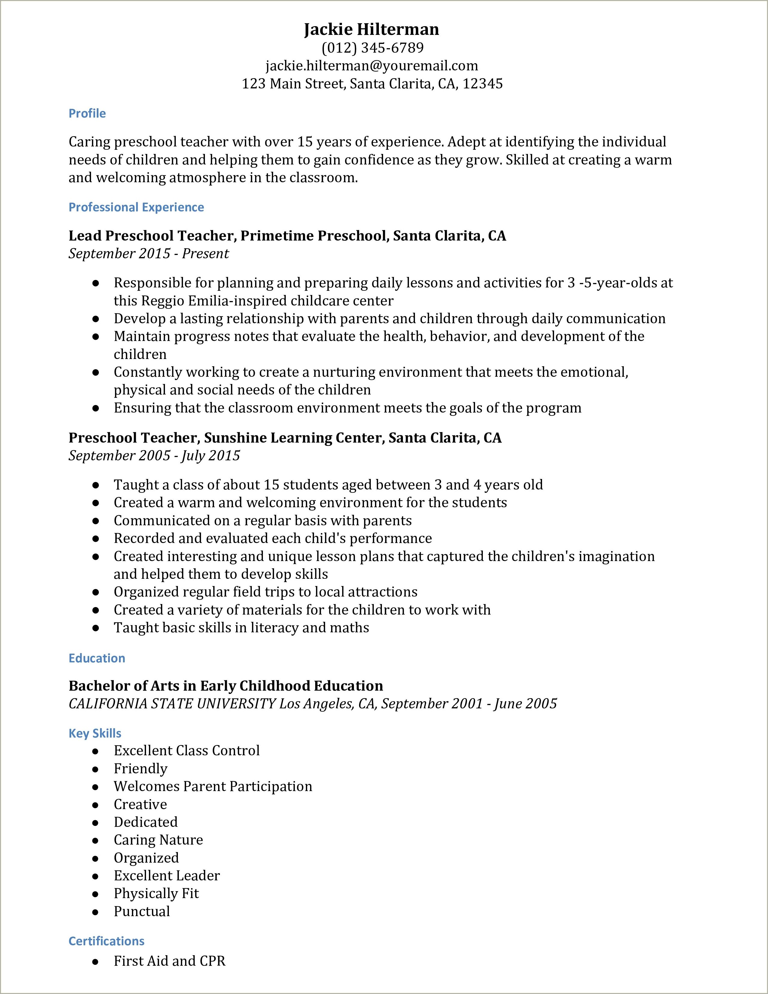 Sample Resume Format For Daycare Teachers