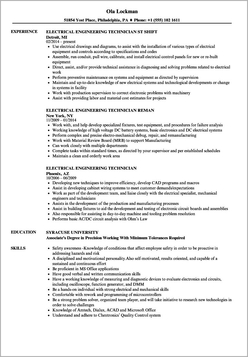 Sample Resume Format For Electrical Engineering Technologists