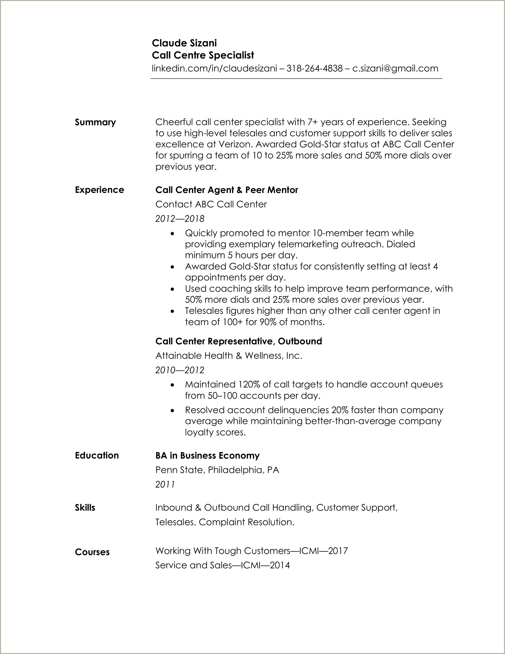 Sample Resume Format For Experienced Candidates